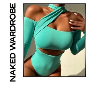 Naked wardrobe👗extra cold shoulder off shoulder cut out long sleeve bodysuit 👗